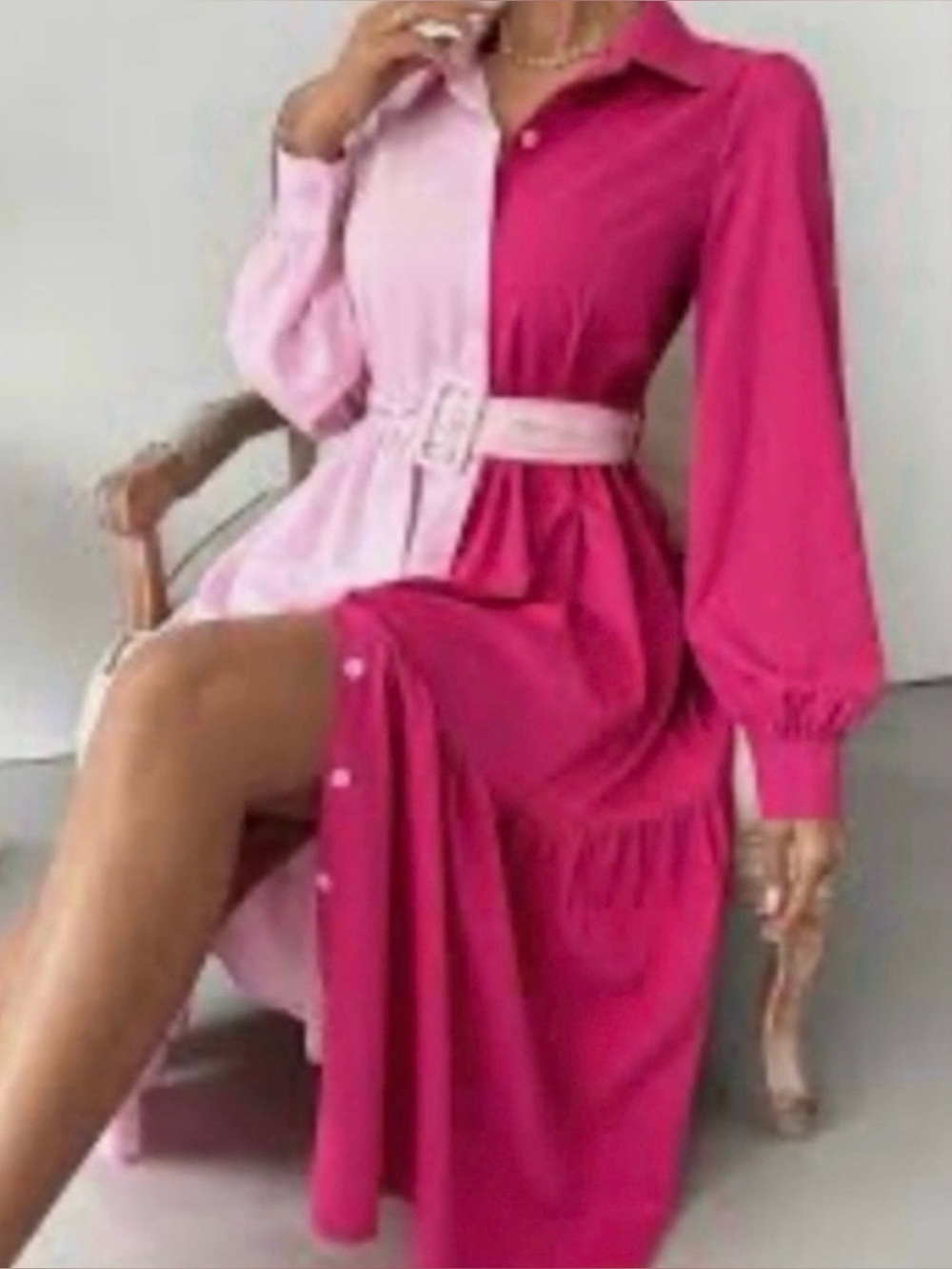 SHEIN Colorblock Belted Shirt Dress